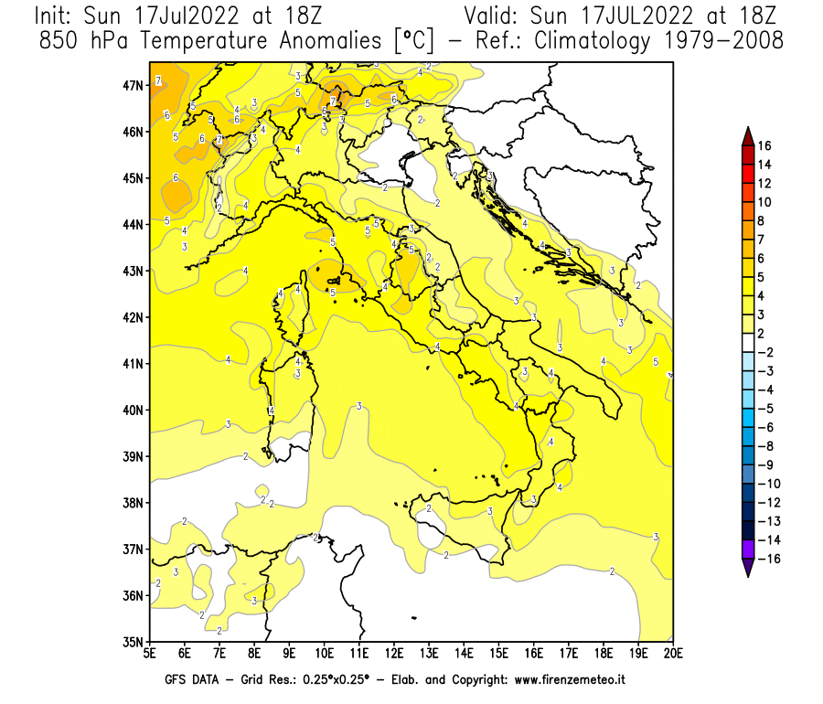 Mappa di analisi GFS - Anomalia Temperatura [°C] a 850 hPa in Italia
							del 17/07/2022 18 <!--googleoff: index-->UTC<!--googleon: index-->