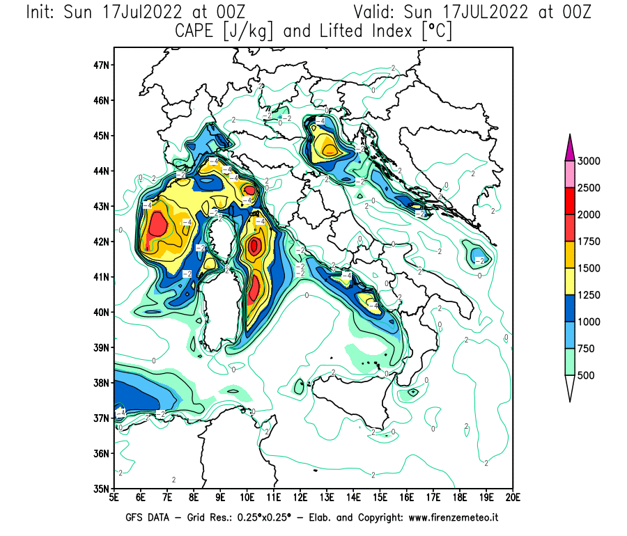 Mappa di analisi GFS - CAPE [J/kg] e Lifted Index [°C] in Italia
							del 17/07/2022 00 <!--googleoff: index-->UTC<!--googleon: index-->