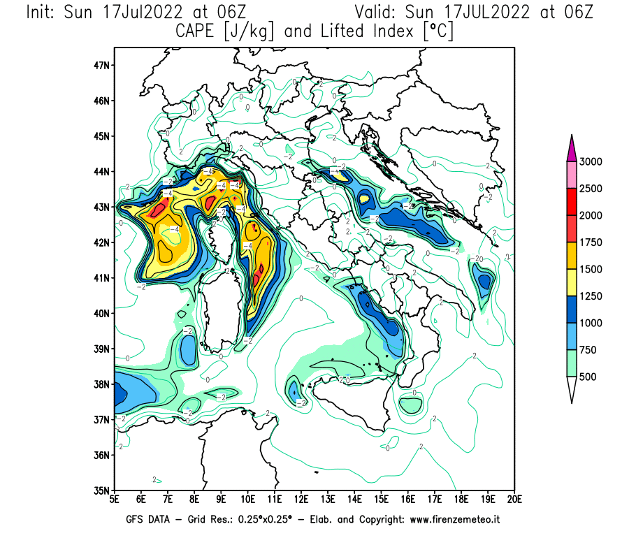 Mappa di analisi GFS - CAPE [J/kg] e Lifted Index [°C] in Italia
							del 17/07/2022 06 <!--googleoff: index-->UTC<!--googleon: index-->