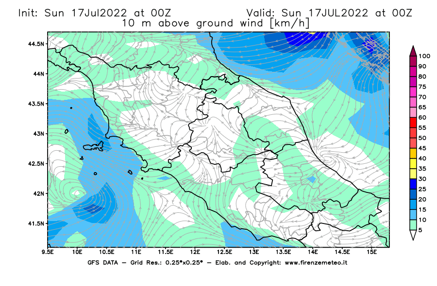 Mappa di analisi GFS - Velocità del vento a 10 metri dal suolo [km/h] in Centro-Italia
							del 17/07/2022 00 <!--googleoff: index-->UTC<!--googleon: index-->