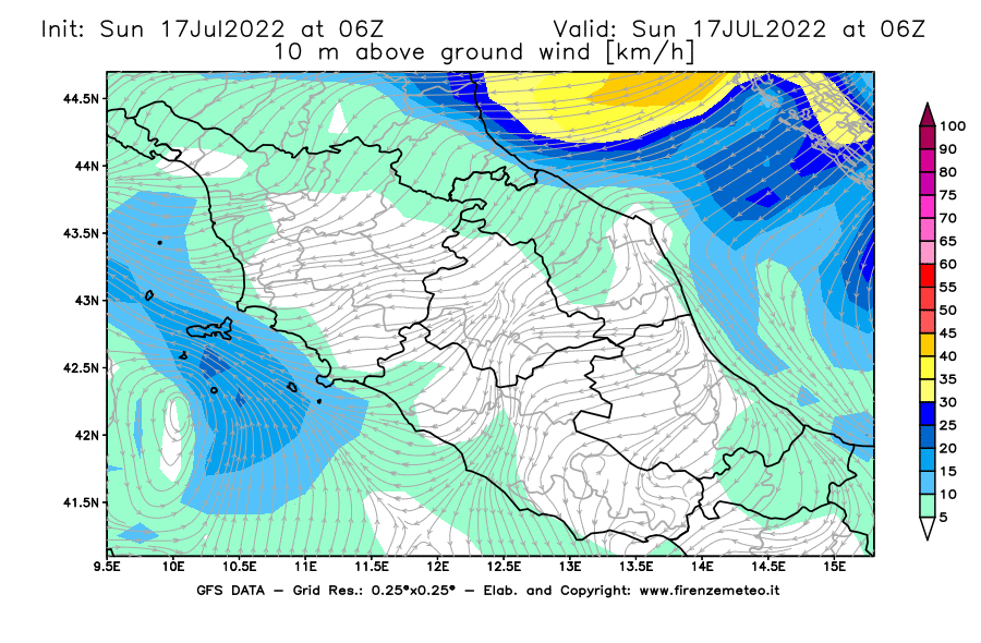 Mappa di analisi GFS - Velocità del vento a 10 metri dal suolo [km/h] in Centro-Italia
							del 17/07/2022 06 <!--googleoff: index-->UTC<!--googleon: index-->