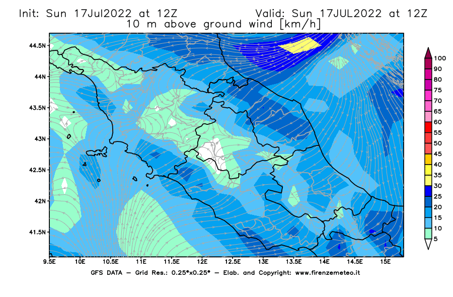 Mappa di analisi GFS - Velocità del vento a 10 metri dal suolo [km/h] in Centro-Italia
							del 17/07/2022 12 <!--googleoff: index-->UTC<!--googleon: index-->