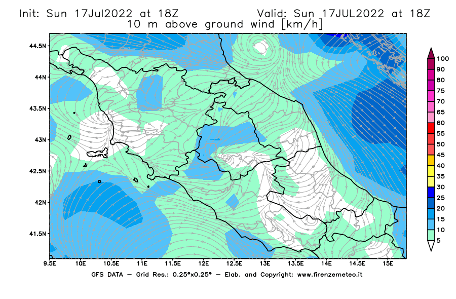 Mappa di analisi GFS - Velocità del vento a 10 metri dal suolo [km/h] in Centro-Italia
							del 17/07/2022 18 <!--googleoff: index-->UTC<!--googleon: index-->