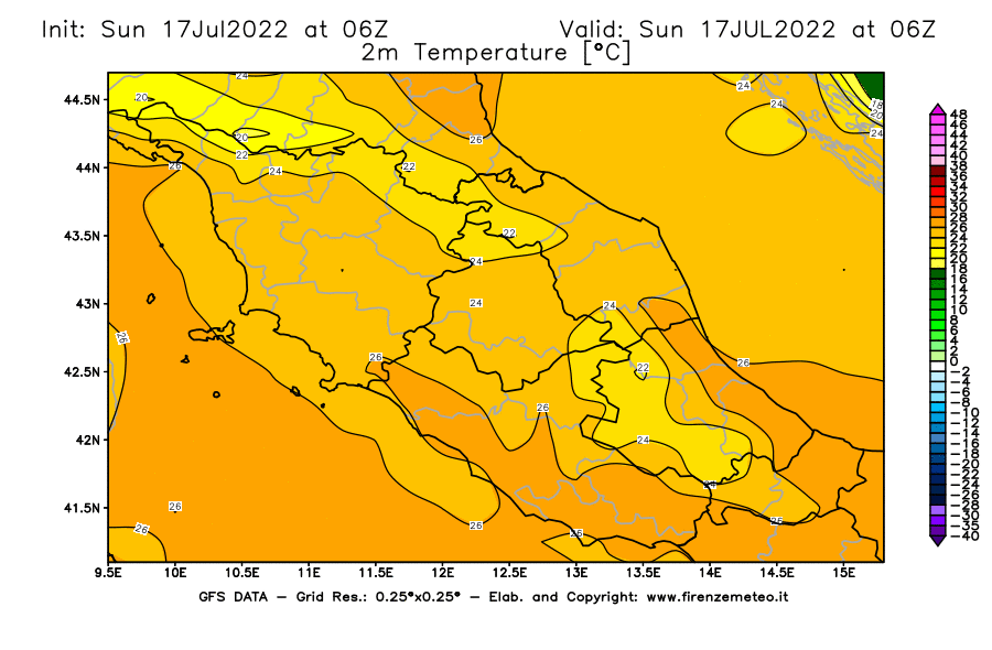 Mappa di analisi GFS - Temperatura a 2 metri dal suolo [°C] in Centro-Italia
							del 17/07/2022 06 <!--googleoff: index-->UTC<!--googleon: index-->