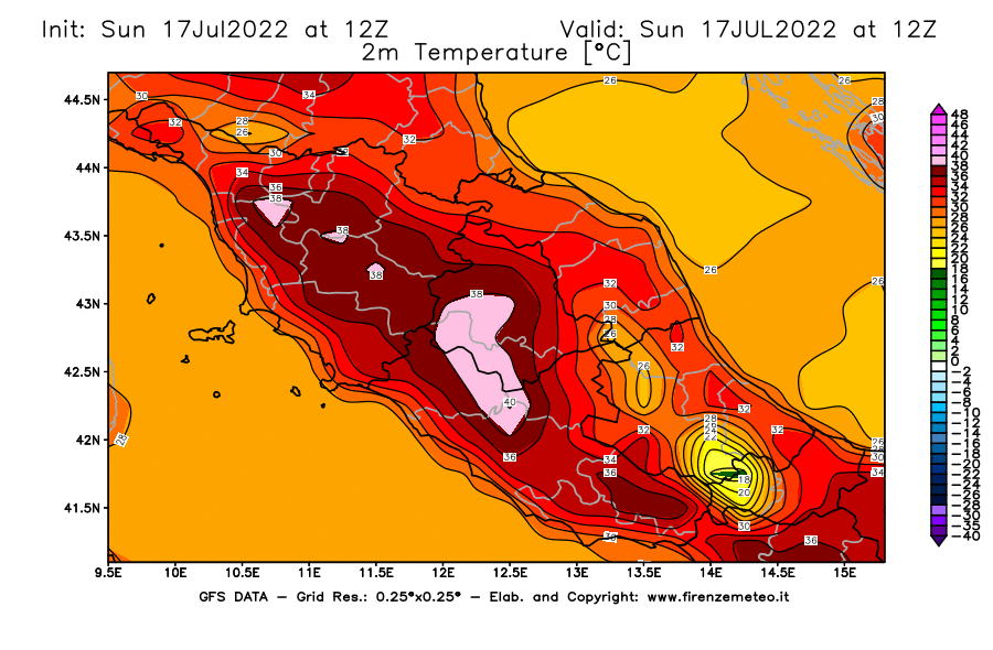 Mappa di analisi GFS - Temperatura a 2 metri dal suolo [°C] in Centro-Italia
							del 17/07/2022 12 <!--googleoff: index-->UTC<!--googleon: index-->