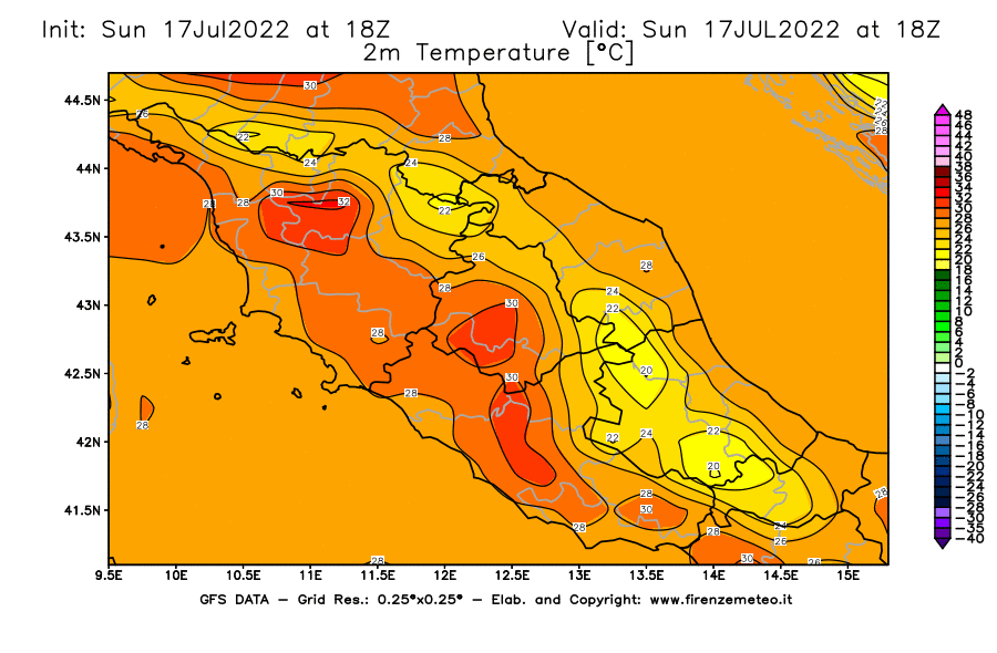 Mappa di analisi GFS - Temperatura a 2 metri dal suolo [°C] in Centro-Italia
							del 17/07/2022 18 <!--googleoff: index-->UTC<!--googleon: index-->