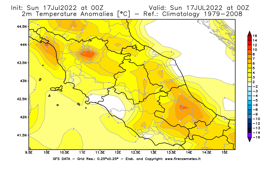 Mappa di analisi GFS - Anomalia Temperatura [°C] a 2 m in Centro-Italia
							del 17/07/2022 00 <!--googleoff: index-->UTC<!--googleon: index-->