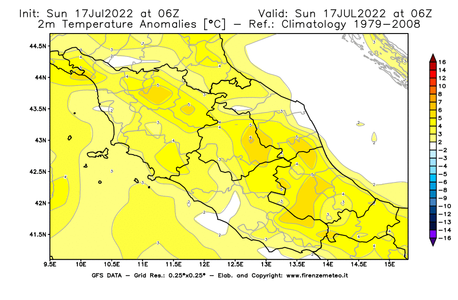 Mappa di analisi GFS - Anomalia Temperatura [°C] a 2 m in Centro-Italia
							del 17/07/2022 06 <!--googleoff: index-->UTC<!--googleon: index-->