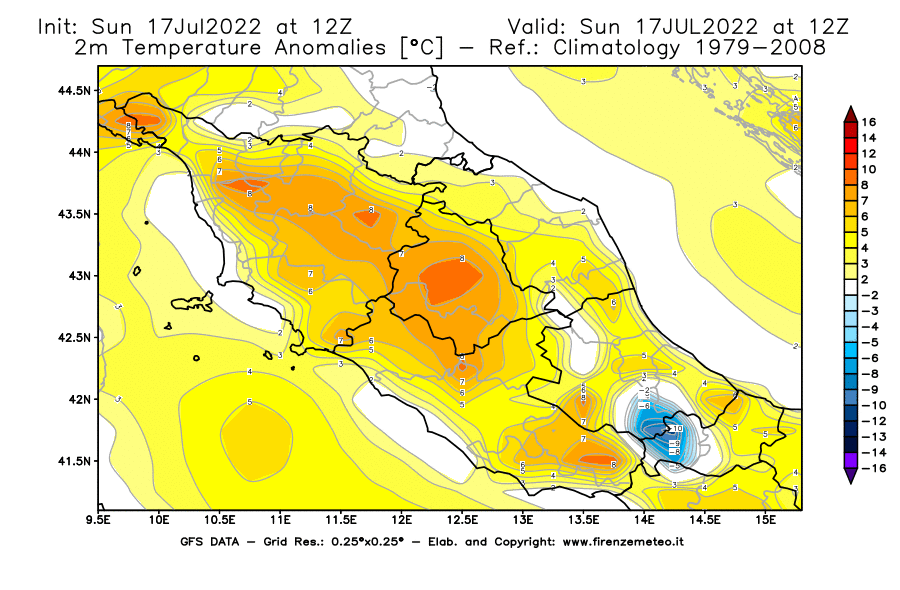 Mappa di analisi GFS - Anomalia Temperatura [°C] a 2 m in Centro-Italia
							del 17/07/2022 12 <!--googleoff: index-->UTC<!--googleon: index-->