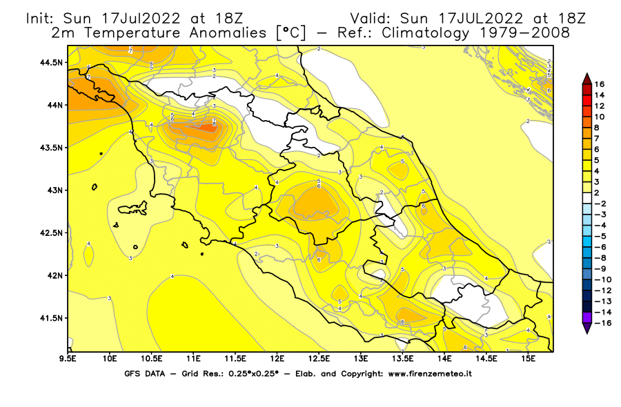 Mappa di analisi GFS - Anomalia Temperatura [°C] a 2 m in Centro-Italia
							del 17/07/2022 18 <!--googleoff: index-->UTC<!--googleon: index-->