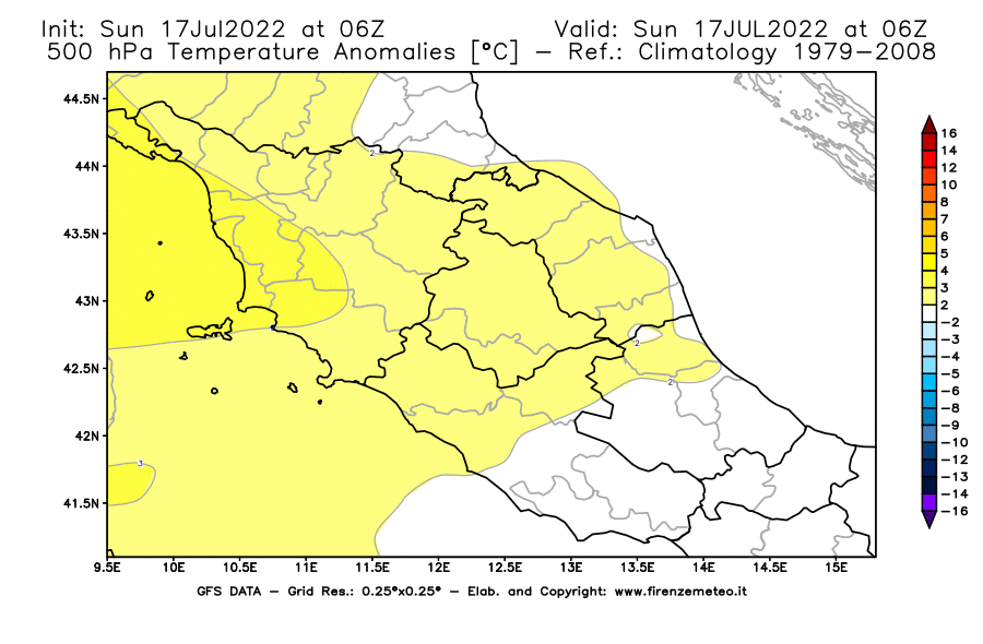 Mappa di analisi GFS - Anomalia Temperatura [°C] a 500 hPa in Centro-Italia
							del 17/07/2022 06 <!--googleoff: index-->UTC<!--googleon: index-->