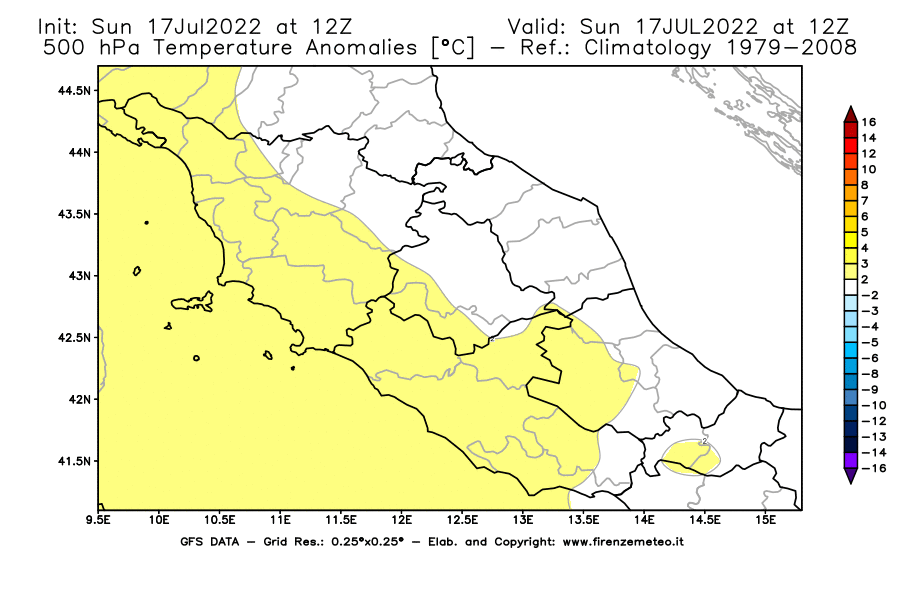 Mappa di analisi GFS - Anomalia Temperatura [°C] a 500 hPa in Centro-Italia
							del 17/07/2022 12 <!--googleoff: index-->UTC<!--googleon: index-->