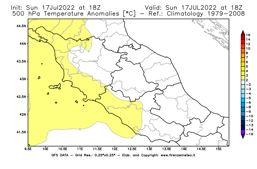 Mappa di analisi GFS - Anomalia Temperatura [°C] a 500 hPa in Centro-Italia
							del 17/07/2022 18 <!--googleoff: index-->UTC<!--googleon: index-->