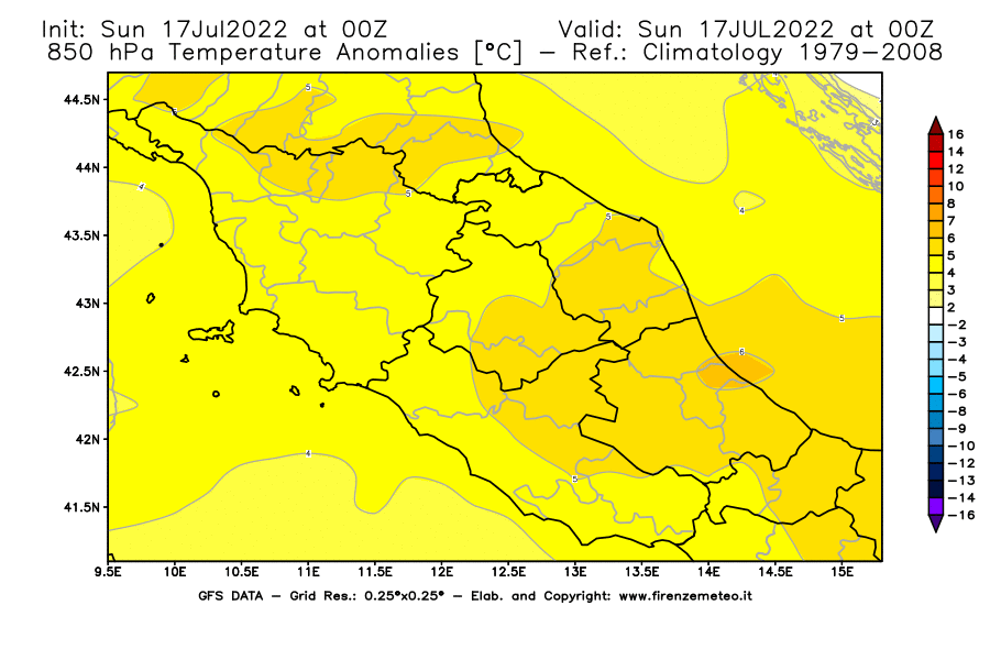 Mappa di analisi GFS - Anomalia Temperatura [°C] a 850 hPa in Centro-Italia
							del 17/07/2022 00 <!--googleoff: index-->UTC<!--googleon: index-->