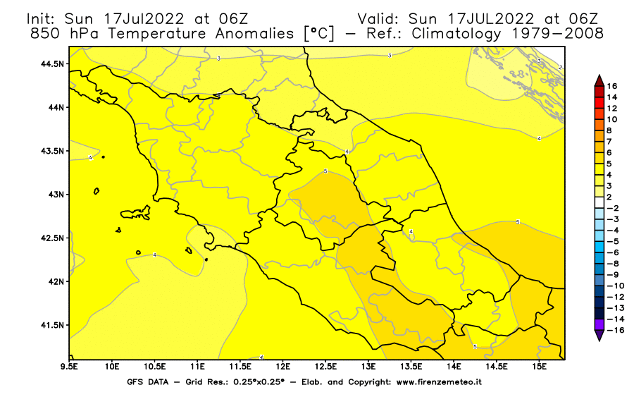 Mappa di analisi GFS - Anomalia Temperatura [°C] a 850 hPa in Centro-Italia
							del 17/07/2022 06 <!--googleoff: index-->UTC<!--googleon: index-->