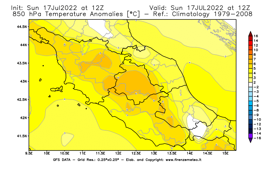 Mappa di analisi GFS - Anomalia Temperatura [°C] a 850 hPa in Centro-Italia
							del 17/07/2022 12 <!--googleoff: index-->UTC<!--googleon: index-->