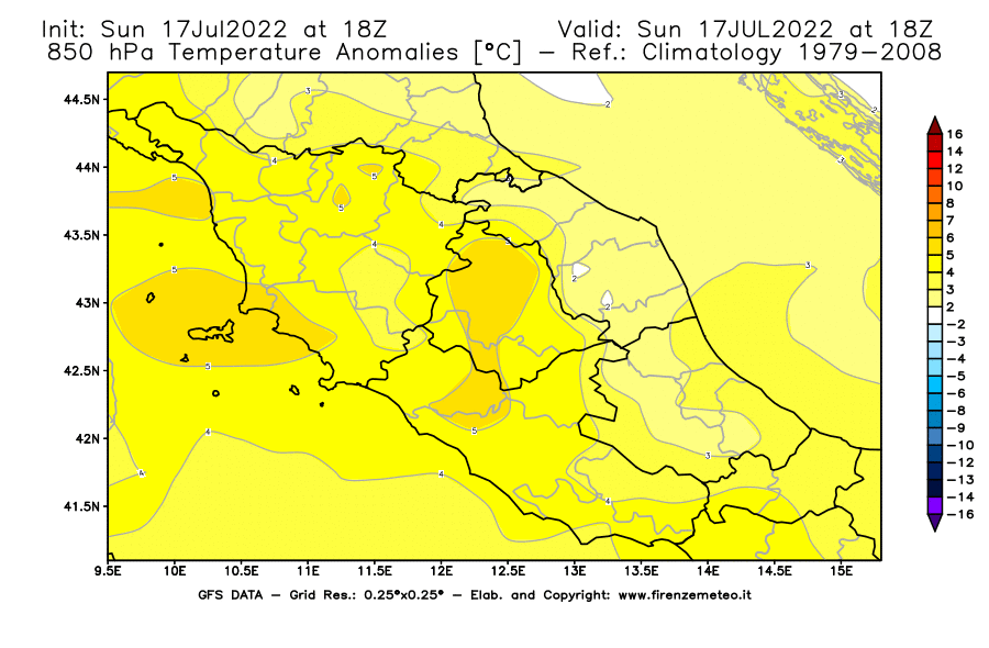 Mappa di analisi GFS - Anomalia Temperatura [°C] a 850 hPa in Centro-Italia
							del 17/07/2022 18 <!--googleoff: index-->UTC<!--googleon: index-->