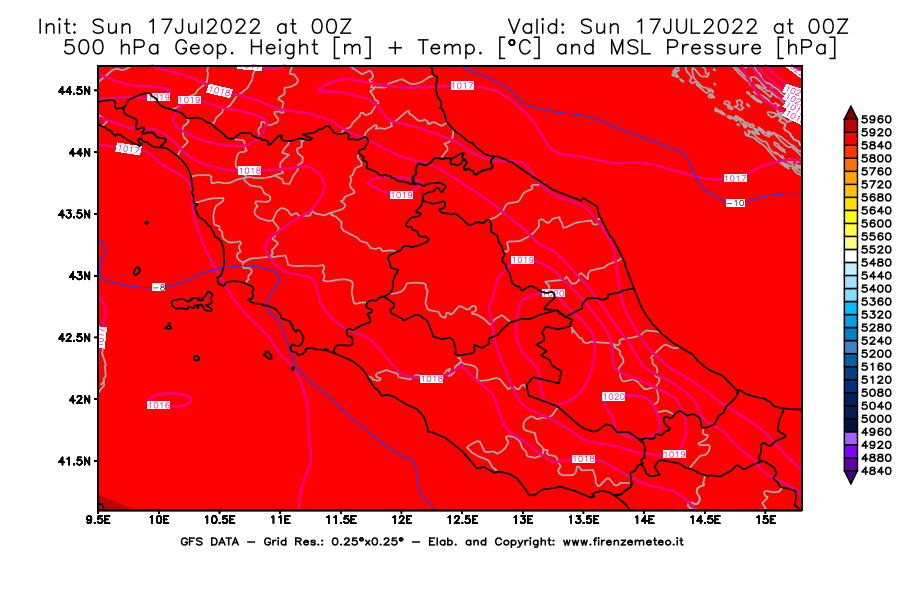 Mappa di analisi GFS - Geopotenziale [m] + Temp. [°C] a 500 hPa + Press. a livello del mare [hPa] in Centro-Italia
							del 17/07/2022 00 <!--googleoff: index-->UTC<!--googleon: index-->