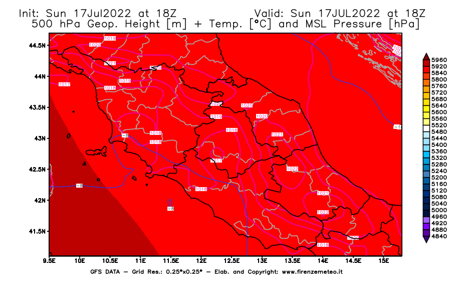 Mappa di analisi GFS - Geopotenziale [m] + Temp. [°C] a 500 hPa + Press. a livello del mare [hPa] in Centro-Italia
							del 17/07/2022 18 <!--googleoff: index-->UTC<!--googleon: index-->