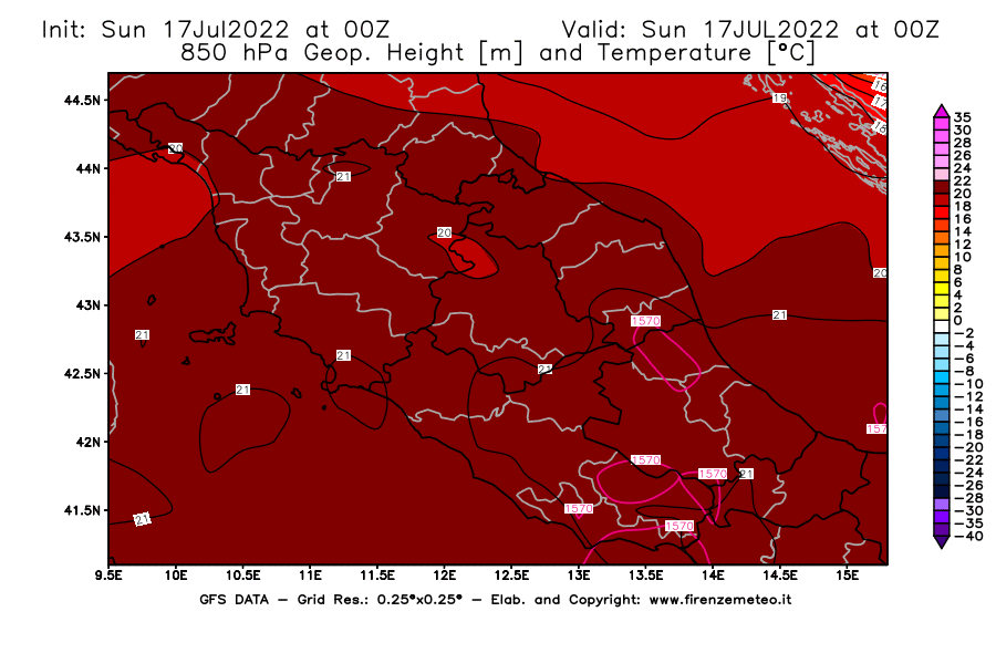 Mappa di analisi GFS - Geopotenziale [m] e Temperatura [°C] a 850 hPa in Centro-Italia
							del 17/07/2022 00 <!--googleoff: index-->UTC<!--googleon: index-->