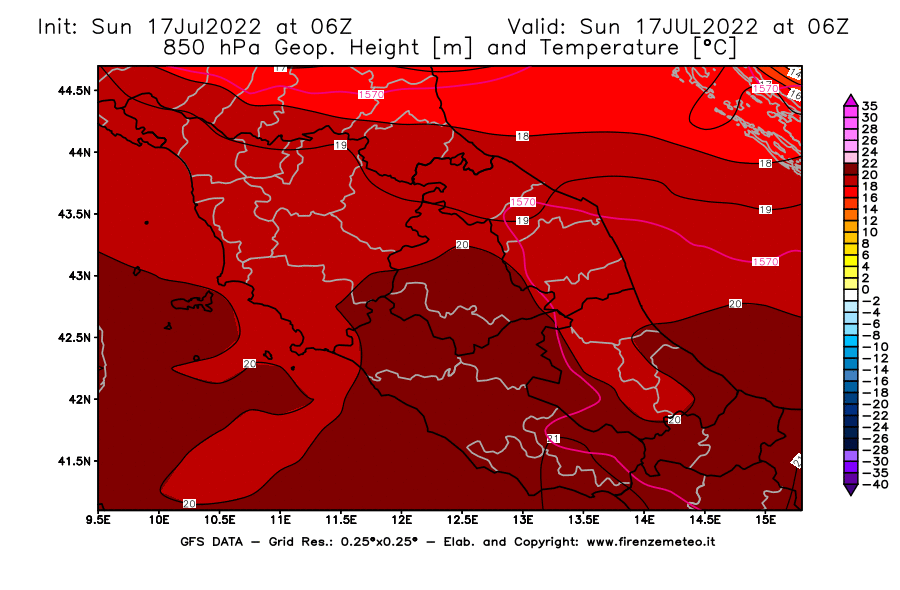 Mappa di analisi GFS - Geopotenziale [m] e Temperatura [°C] a 850 hPa in Centro-Italia
							del 17/07/2022 06 <!--googleoff: index-->UTC<!--googleon: index-->