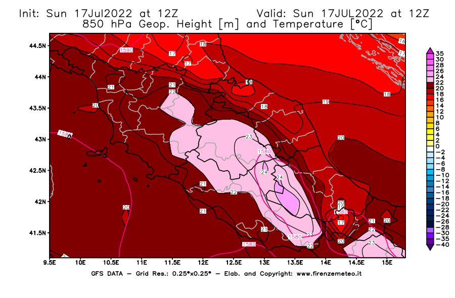 Mappa di analisi GFS - Geopotenziale [m] e Temperatura [°C] a 850 hPa in Centro-Italia
							del 17/07/2022 12 <!--googleoff: index-->UTC<!--googleon: index-->