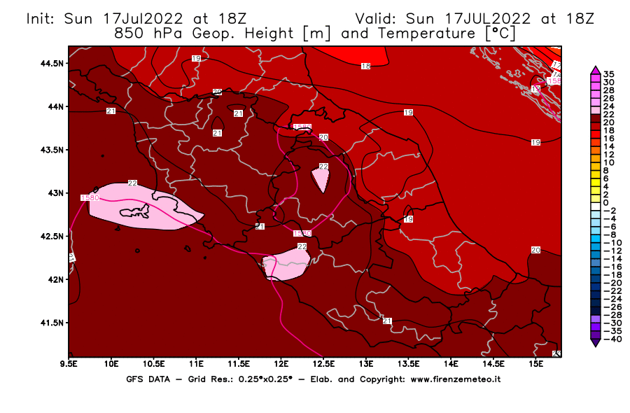 Mappa di analisi GFS - Geopotenziale [m] e Temperatura [°C] a 850 hPa in Centro-Italia
							del 17/07/2022 18 <!--googleoff: index-->UTC<!--googleon: index-->