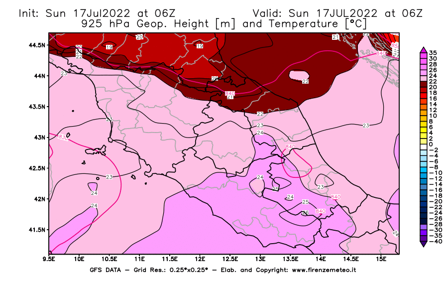 Mappa di analisi GFS - Geopotenziale [m] e Temperatura [°C] a 925 hPa in Centro-Italia
							del 17/07/2022 06 <!--googleoff: index-->UTC<!--googleon: index-->