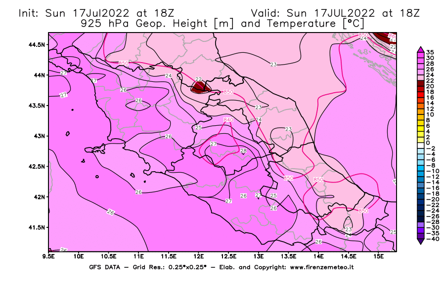 Mappa di analisi GFS - Geopotenziale [m] e Temperatura [°C] a 925 hPa in Centro-Italia
							del 17/07/2022 18 <!--googleoff: index-->UTC<!--googleon: index-->