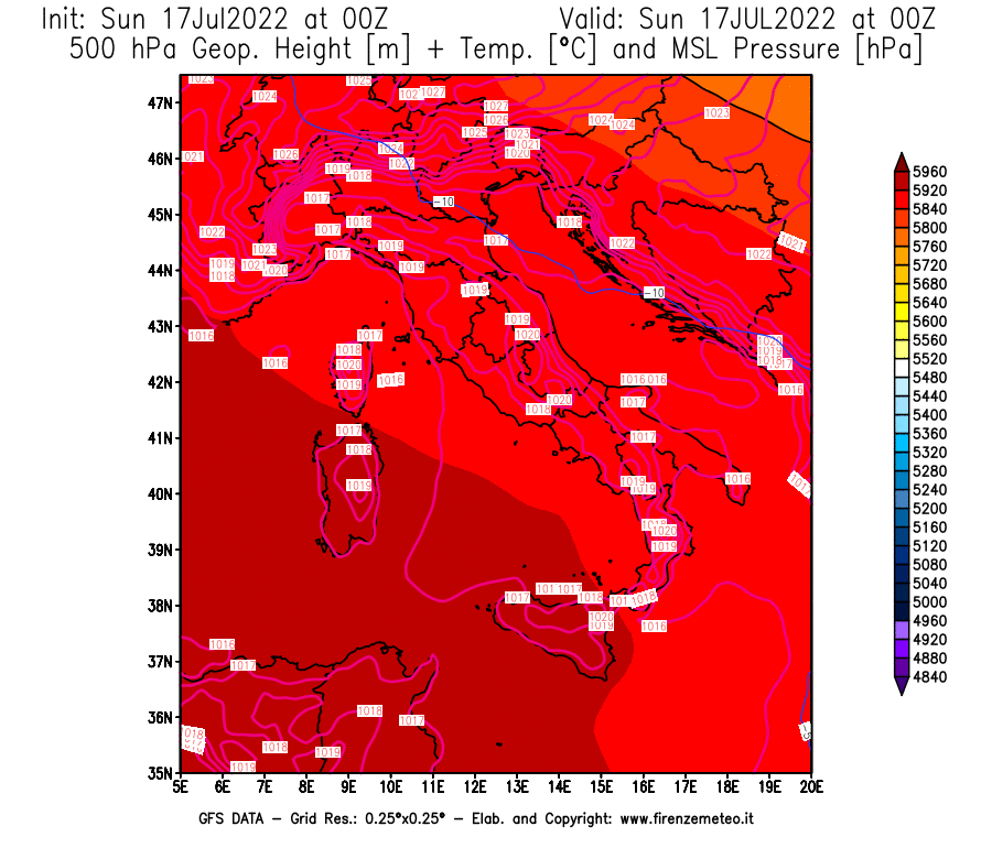 Mappa di analisi GFS - Geopotenziale [m] + Temp. [°C] a 500 hPa + Press. a livello del mare [hPa] in Italia
							del 17/07/2022 00 <!--googleoff: index-->UTC<!--googleon: index-->