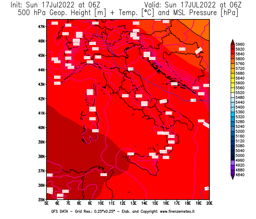 Mappa di analisi GFS - Geopotenziale [m] + Temp. [°C] a 500 hPa + Press. a livello del mare [hPa] in Italia
							del 17/07/2022 06 <!--googleoff: index-->UTC<!--googleon: index-->