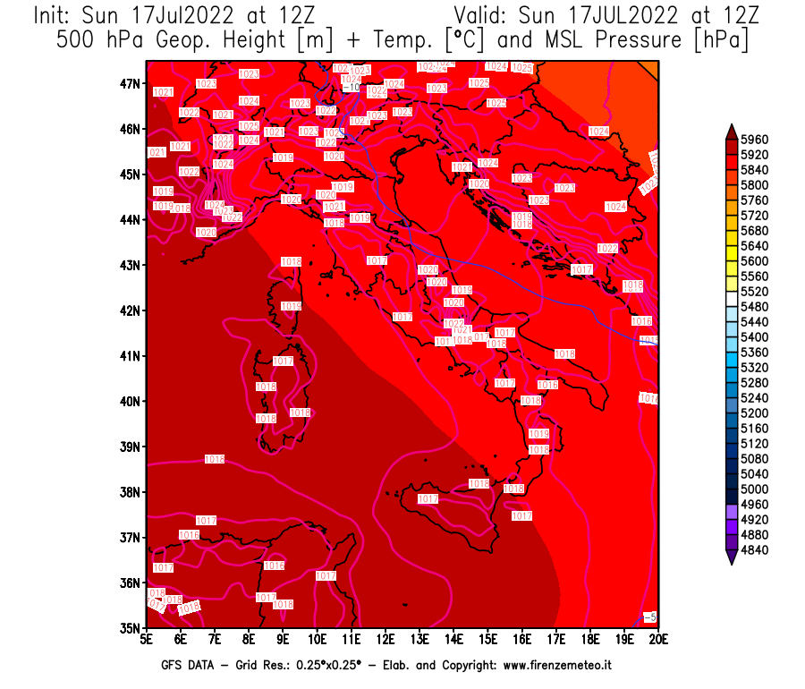 Mappa di analisi GFS - Geopotenziale [m] + Temp. [°C] a 500 hPa + Press. a livello del mare [hPa] in Italia
							del 17/07/2022 12 <!--googleoff: index-->UTC<!--googleon: index-->