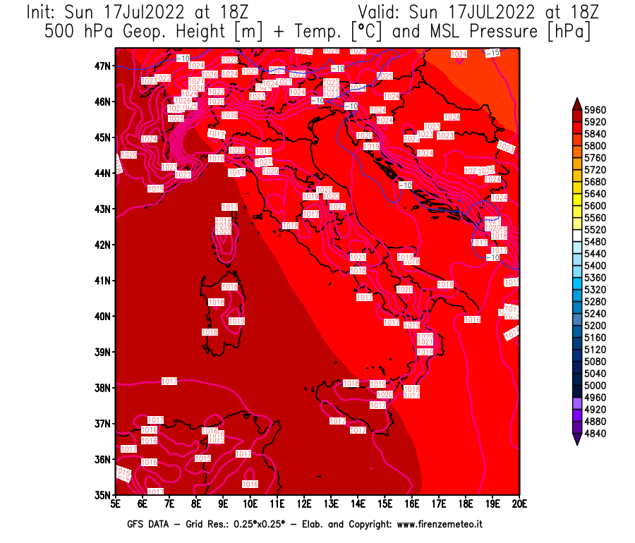 Mappa di analisi GFS - Geopotenziale [m] + Temp. [°C] a 500 hPa + Press. a livello del mare [hPa] in Italia
							del 17/07/2022 18 <!--googleoff: index-->UTC<!--googleon: index-->