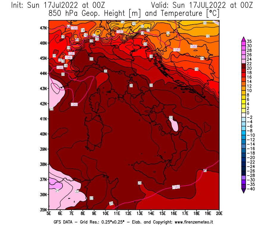 Mappa di analisi GFS - Geopotenziale [m] e Temperatura [°C] a 850 hPa in Italia
							del 17/07/2022 00 <!--googleoff: index-->UTC<!--googleon: index-->