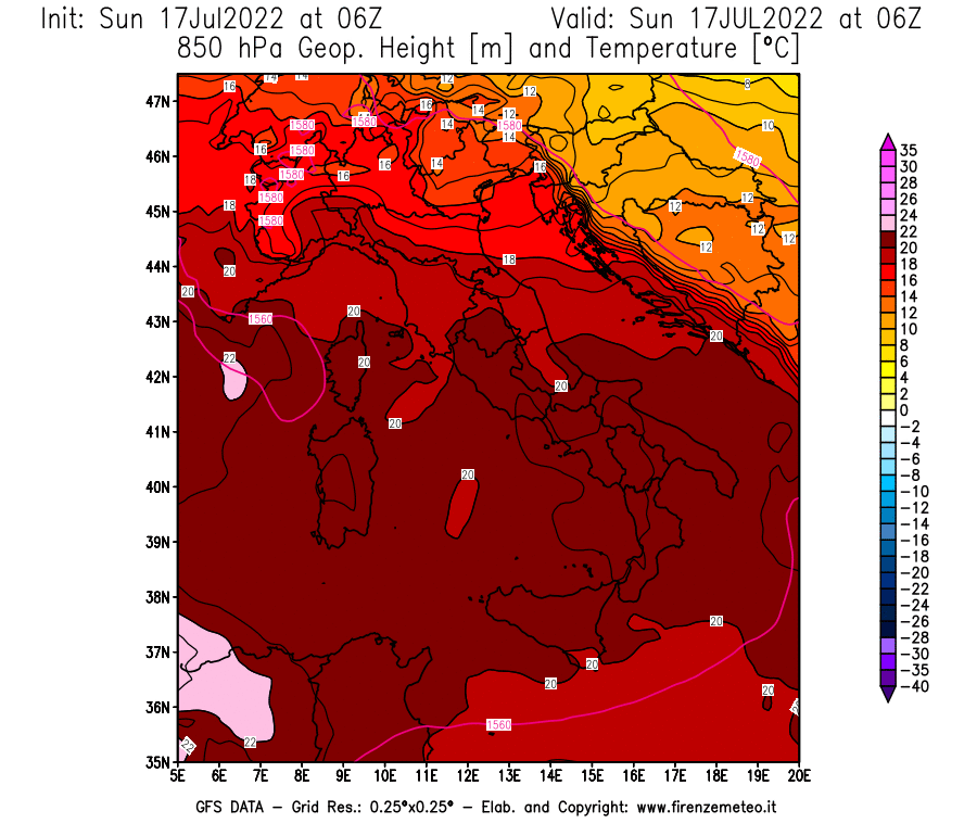 Mappa di analisi GFS - Geopotenziale [m] e Temperatura [°C] a 850 hPa in Italia
							del 17/07/2022 06 <!--googleoff: index-->UTC<!--googleon: index-->