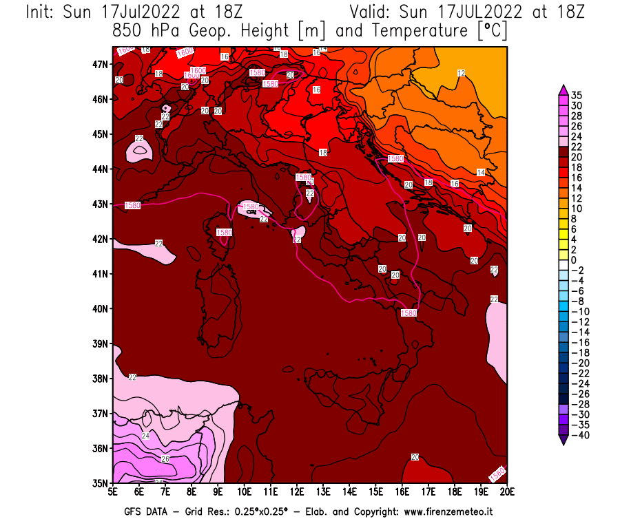 Mappa di analisi GFS - Geopotenziale [m] e Temperatura [°C] a 850 hPa in Italia
							del 17/07/2022 18 <!--googleoff: index-->UTC<!--googleon: index-->