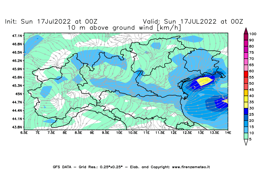 Mappa di analisi GFS - Velocità del vento a 10 metri dal suolo [km/h] in Nord-Italia
							del 17/07/2022 00 <!--googleoff: index-->UTC<!--googleon: index-->