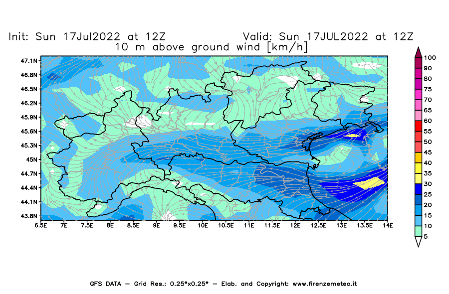 Mappa di analisi GFS - Velocità del vento a 10 metri dal suolo [km/h] in Nord-Italia
							del 17/07/2022 12 <!--googleoff: index-->UTC<!--googleon: index-->