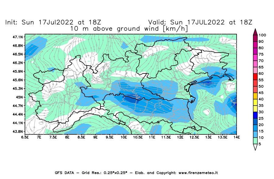 Mappa di analisi GFS - Velocità del vento a 10 metri dal suolo [km/h] in Nord-Italia
							del 17/07/2022 18 <!--googleoff: index-->UTC<!--googleon: index-->