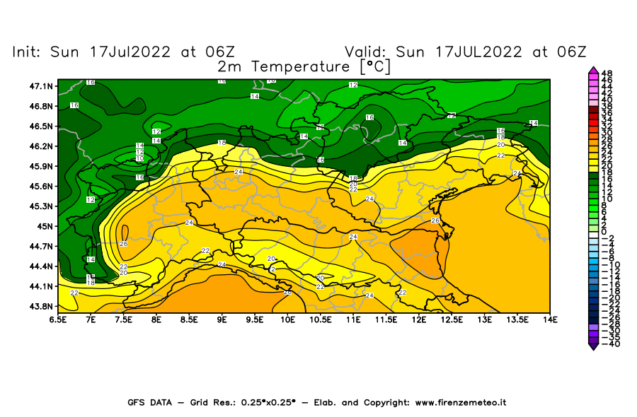 Mappa di analisi GFS - Temperatura a 2 metri dal suolo [°C] in Nord-Italia
							del 17/07/2022 06 <!--googleoff: index-->UTC<!--googleon: index-->