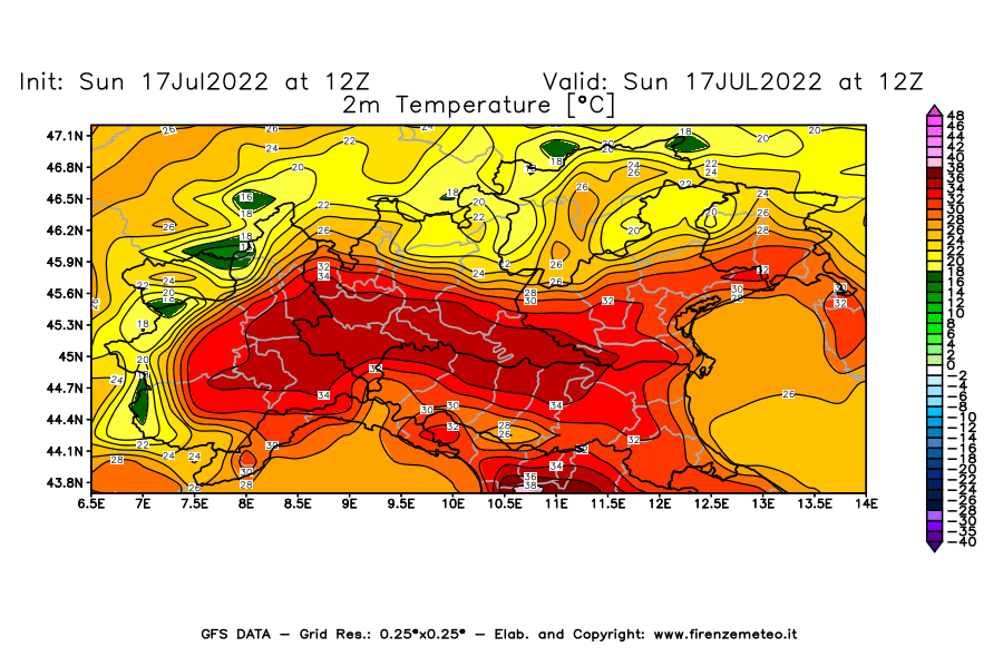 Mappa di analisi GFS - Temperatura a 2 metri dal suolo [°C] in Nord-Italia
							del 17/07/2022 12 <!--googleoff: index-->UTC<!--googleon: index-->