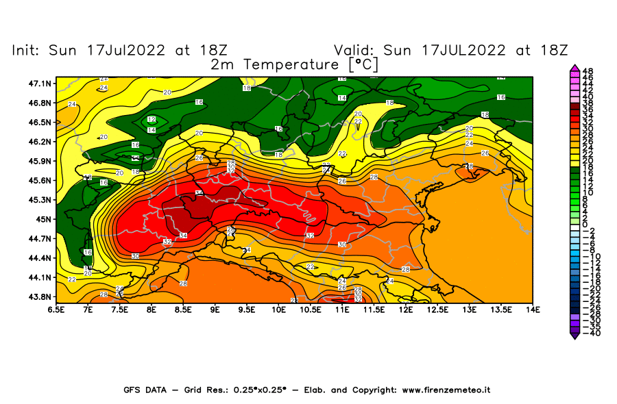 Mappa di analisi GFS - Temperatura a 2 metri dal suolo [°C] in Nord-Italia
							del 17/07/2022 18 <!--googleoff: index-->UTC<!--googleon: index-->