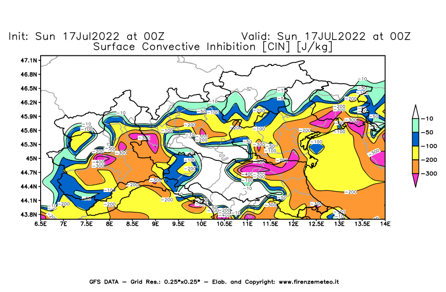 Mappa di analisi GFS - CIN [J/kg] in Nord-Italia
							del 17/07/2022 00 <!--googleoff: index-->UTC<!--googleon: index-->