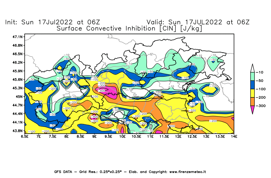 Mappa di analisi GFS - CIN [J/kg] in Nord-Italia
							del 17/07/2022 06 <!--googleoff: index-->UTC<!--googleon: index-->