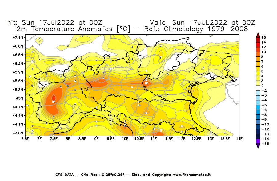 Mappa di analisi GFS - Anomalia Temperatura [°C] a 2 m in Nord-Italia
							del 17/07/2022 00 <!--googleoff: index-->UTC<!--googleon: index-->