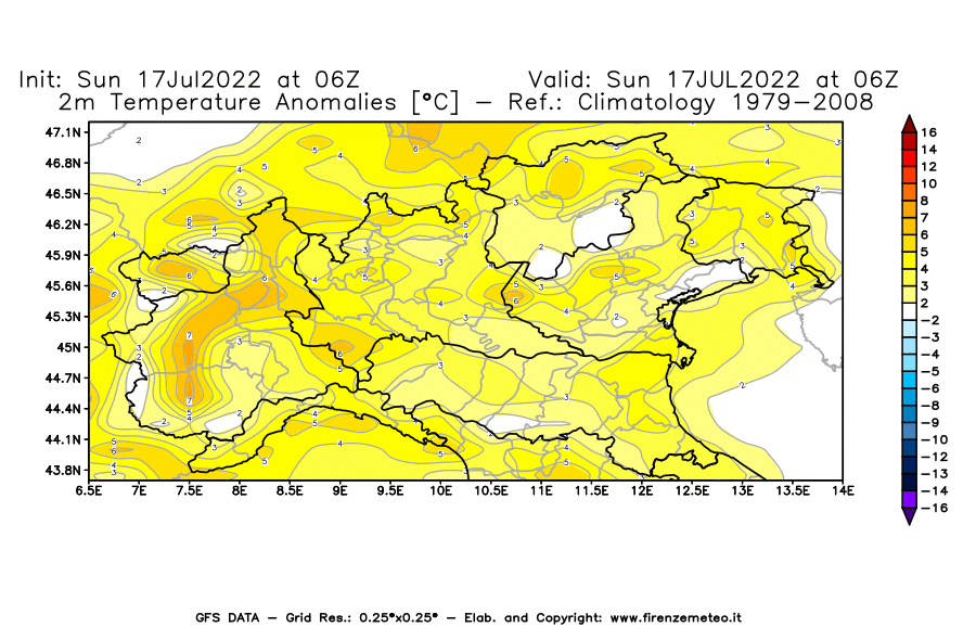 Mappa di analisi GFS - Anomalia Temperatura [°C] a 2 m in Nord-Italia
							del 17/07/2022 06 <!--googleoff: index-->UTC<!--googleon: index-->