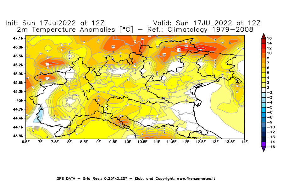 Mappa di analisi GFS - Anomalia Temperatura [°C] a 2 m in Nord-Italia
							del 17/07/2022 12 <!--googleoff: index-->UTC<!--googleon: index-->