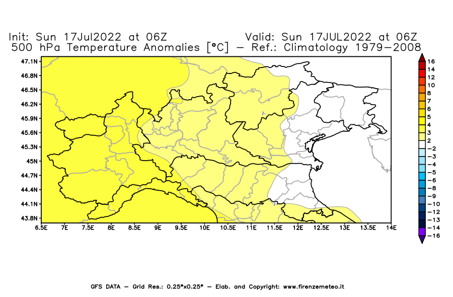 Mappa di analisi GFS - Anomalia Temperatura [°C] a 500 hPa in Nord-Italia
							del 17/07/2022 06 <!--googleoff: index-->UTC<!--googleon: index-->