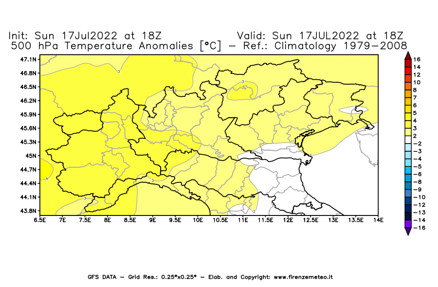 Mappa di analisi GFS - Anomalia Temperatura [°C] a 500 hPa in Nord-Italia
							del 17/07/2022 18 <!--googleoff: index-->UTC<!--googleon: index-->