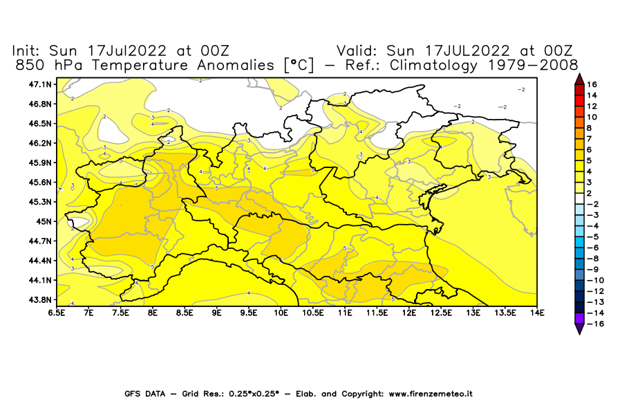 Mappa di analisi GFS - Anomalia Temperatura [°C] a 850 hPa in Nord-Italia
							del 17/07/2022 00 <!--googleoff: index-->UTC<!--googleon: index-->